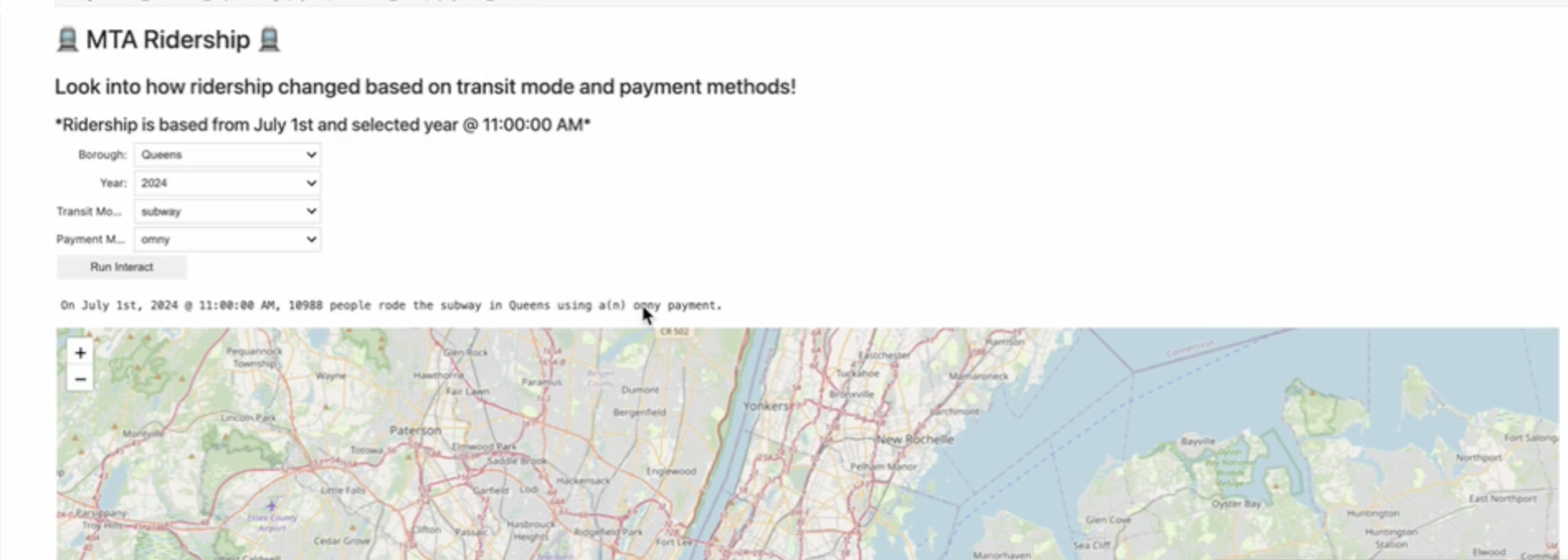 Screenshot of python project capturing differences in MTA ridership from 2020 and 2024.